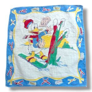 Vintage Walt Disney Donald Duck Skiing Children's Handkerchief Hanky 1950s
